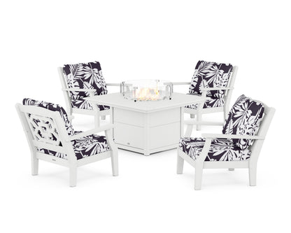 Martha Stewart by POLYWOOD® Chinoiserie 5-Piece Deep Seating Set with Fire Pit Table in White / Leaf Navy
