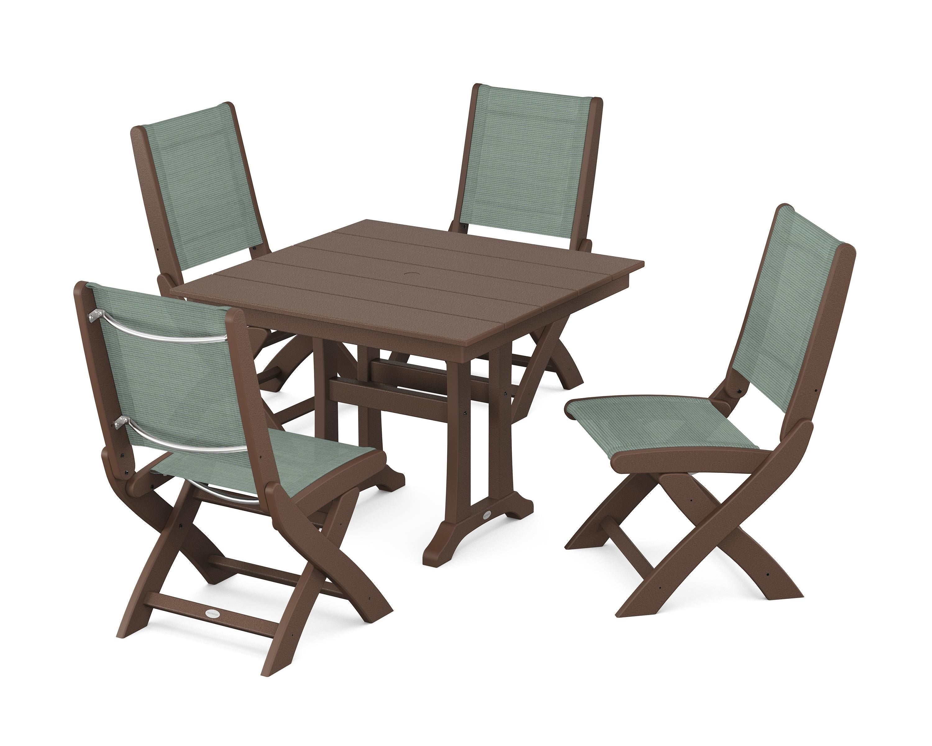 POLYWOOD® Coastal Folding Side Chair 5-Piece Farmhouse Dining Set With Trestle Legs in Mahogany / Dupioni Sea Mist Sling
