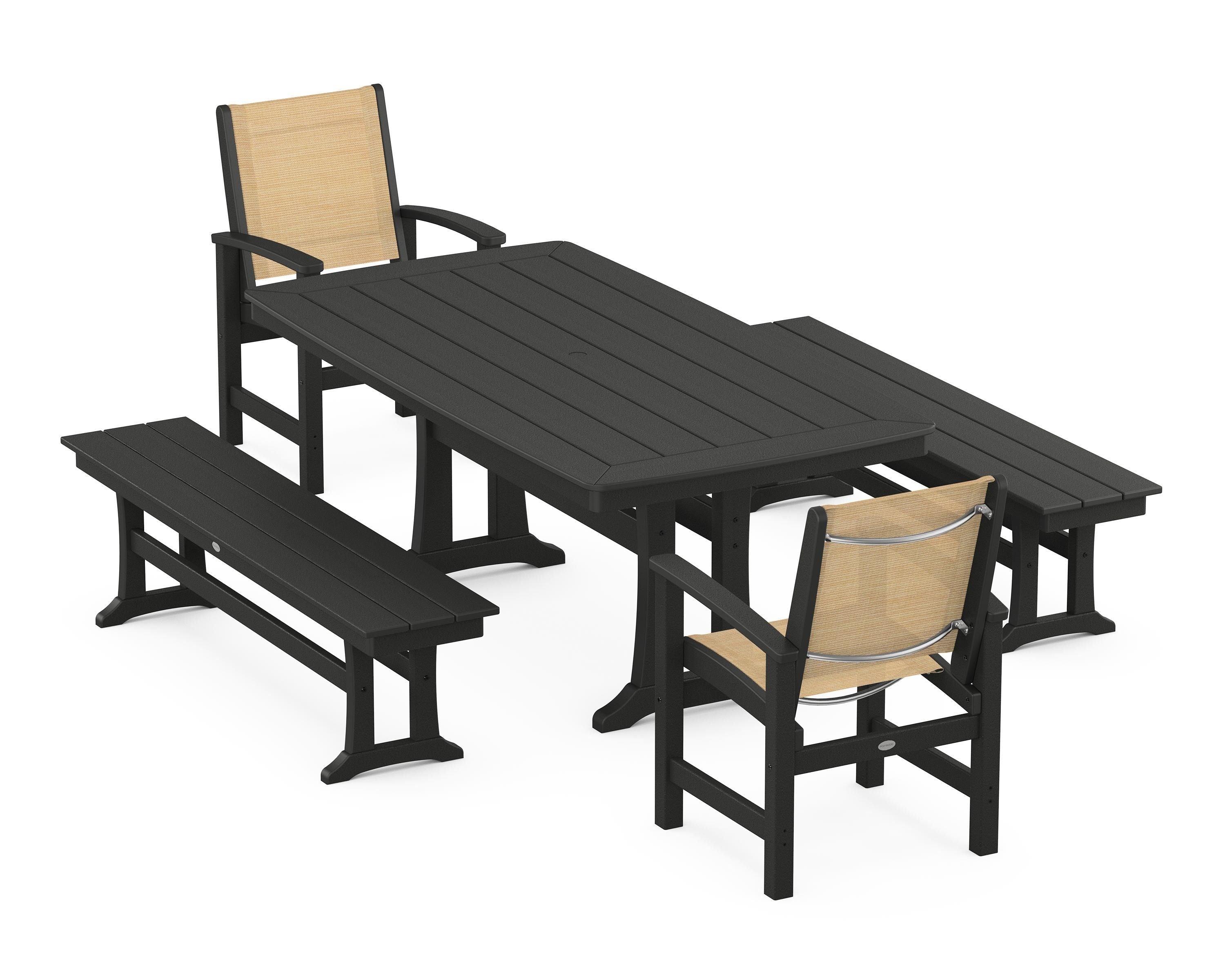 POLYWOOD® Coastal 5-Piece Dining Set with Trestle Legs and Benches in Black / Dupioni Apricot Sling