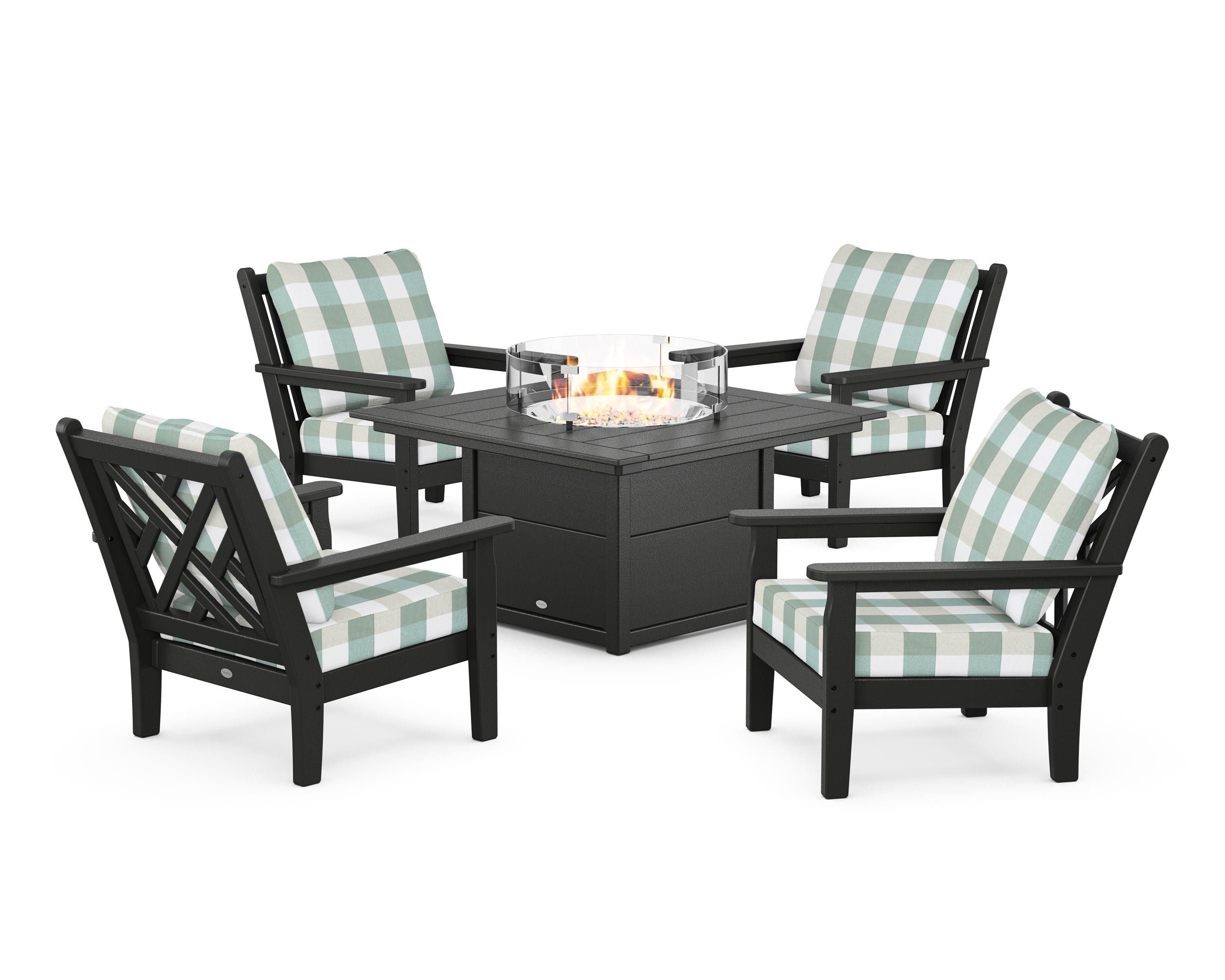 POLYWOOD® Chippendale 5-Piece Deep Seating Set with Fire Pit Table in Black / Buffalo Plaid Glacier Spa