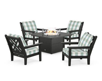 POLYWOOD® Chippendale 5-Piece Deep Seating Set with Fire Pit Table in Black / Buffalo Plaid Glacier Spa
