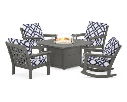 POLYWOOD® Vineyard 5-Piece Deep Seating Rocking Chair Conversation Set with Fire Pit Table in Slate Grey / Trellis Navy