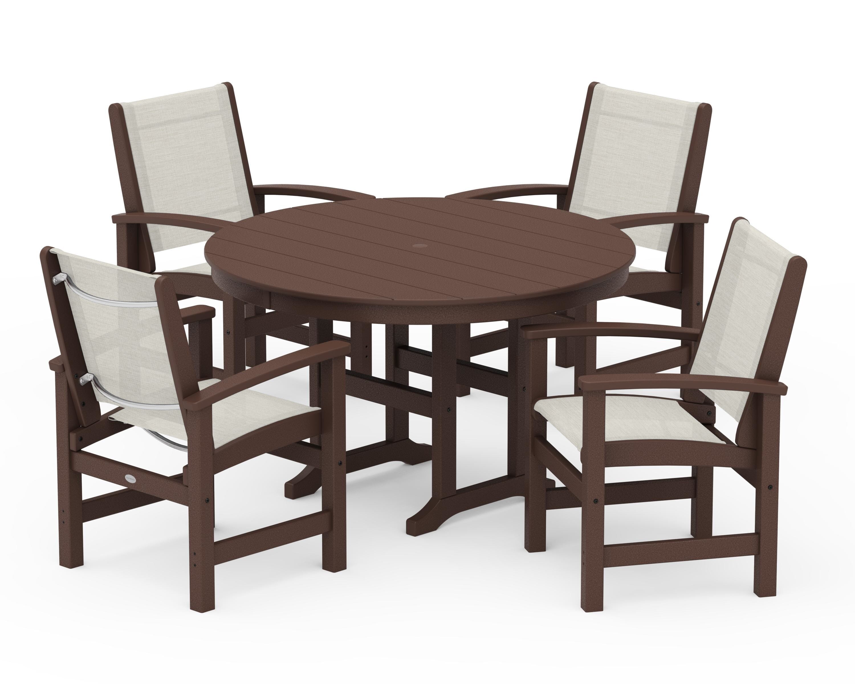 POLYWOOD® Coastal 5-Piece Round Farmhouse Dining Set in Mahogany / Parchment Sling