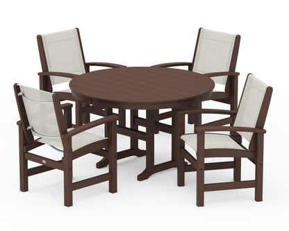 POLYWOOD® Coastal 5-Piece Round Farmhouse Dining Set in Mahogany / Parchment Sling