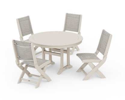 POLYWOOD® Coastal Folding Side Chair 5-Piece Round Dining Set With Trestle Legs in Sand / Birch Sling