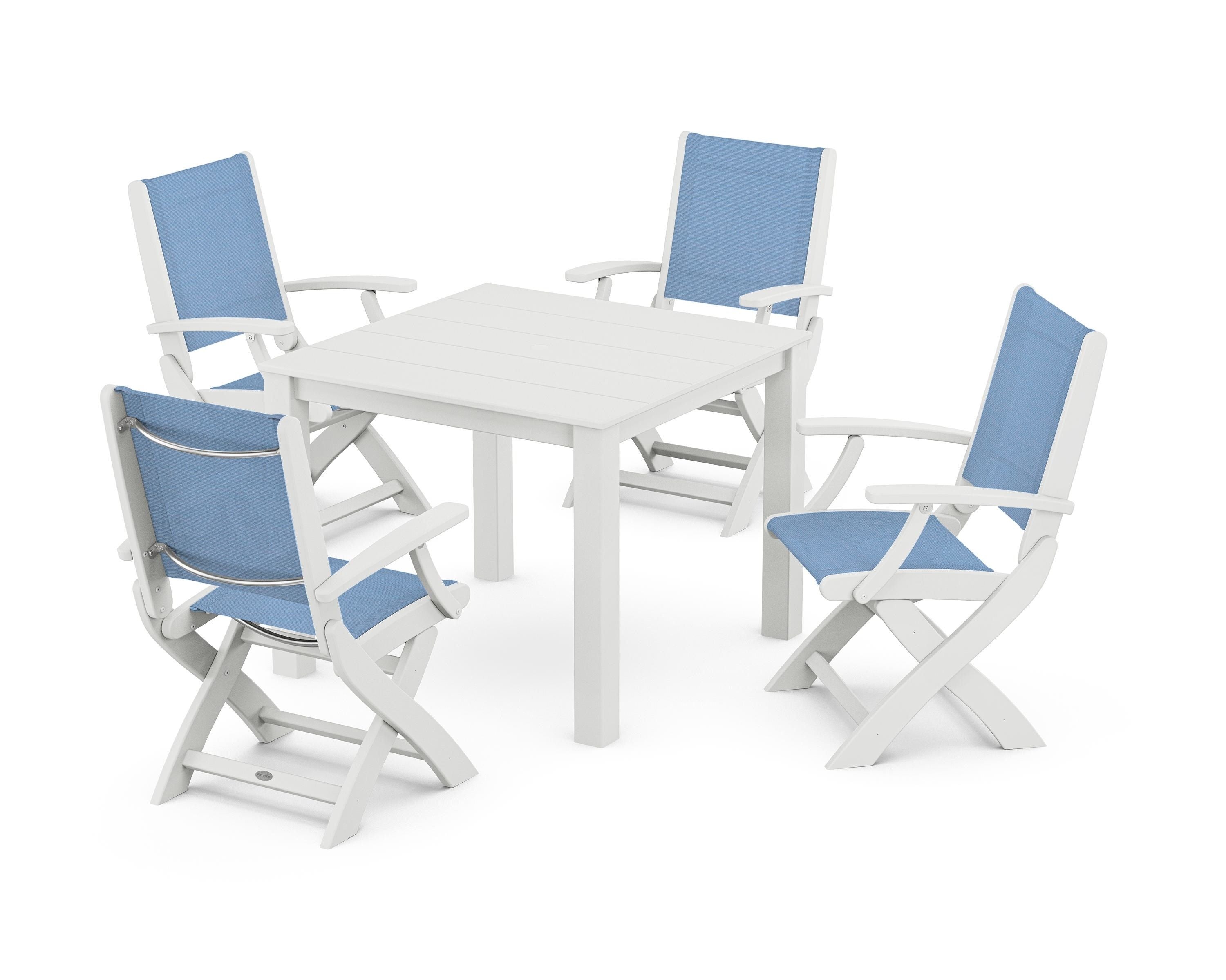 POLYWOOD® Coastal Folding Chair 5-Piece Parsons Dining Set in White / Poolside Sling