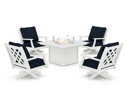 Country Living Wovendale 5-Piece Deep Seating Swivel Conversation Set with Fire Pit Table in White / Marine Indigo