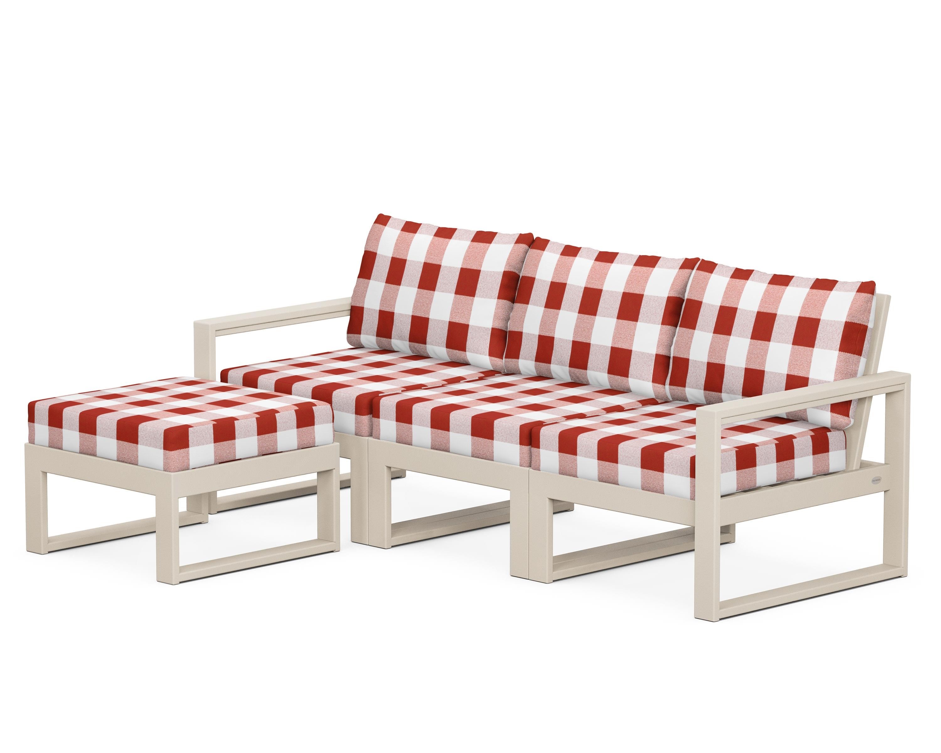 POLYWOOD® EDGE 4-Piece Modular Deep Seating Set with Ottoman in Sand / Buffalo Plaid Crimson