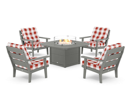 POLYWOOD® Lakeside 5-Piece Deep Seating Set with Nautical Fire Pit Table in Slate Grey / Buffalo Plaid Crimson