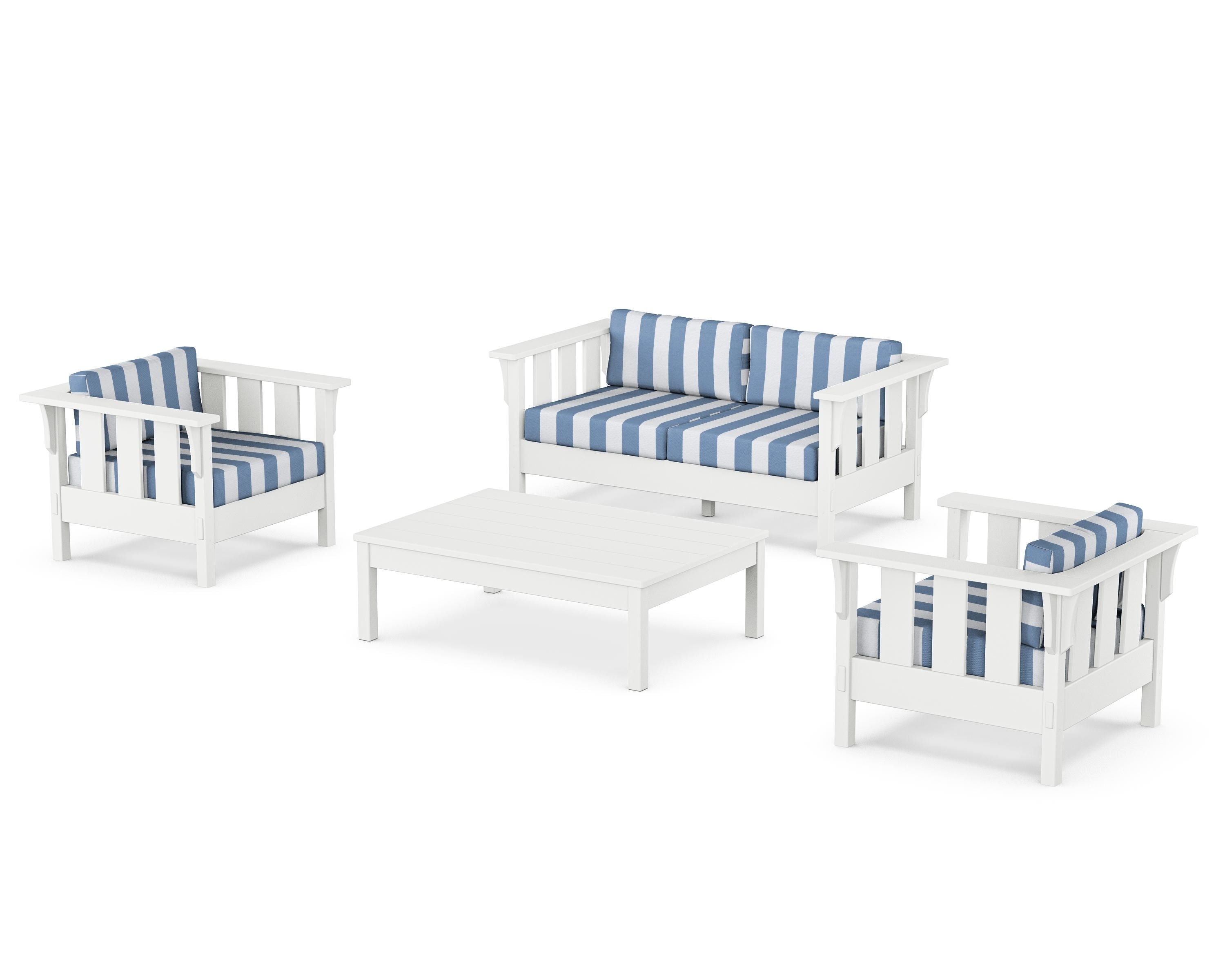 Martha Stewart by POLYWOOD® Acadia 4-Piece Deep Seating Set with Loveseat in White / Cabana Stripe Sky Blue