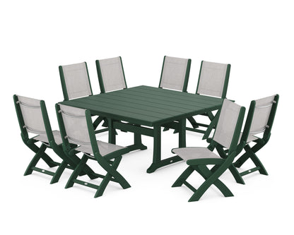 POLYWOOD® Coastal Folding Side Chair 9-Piece Farmhouse Dining Set in Green / Parchment Sling
