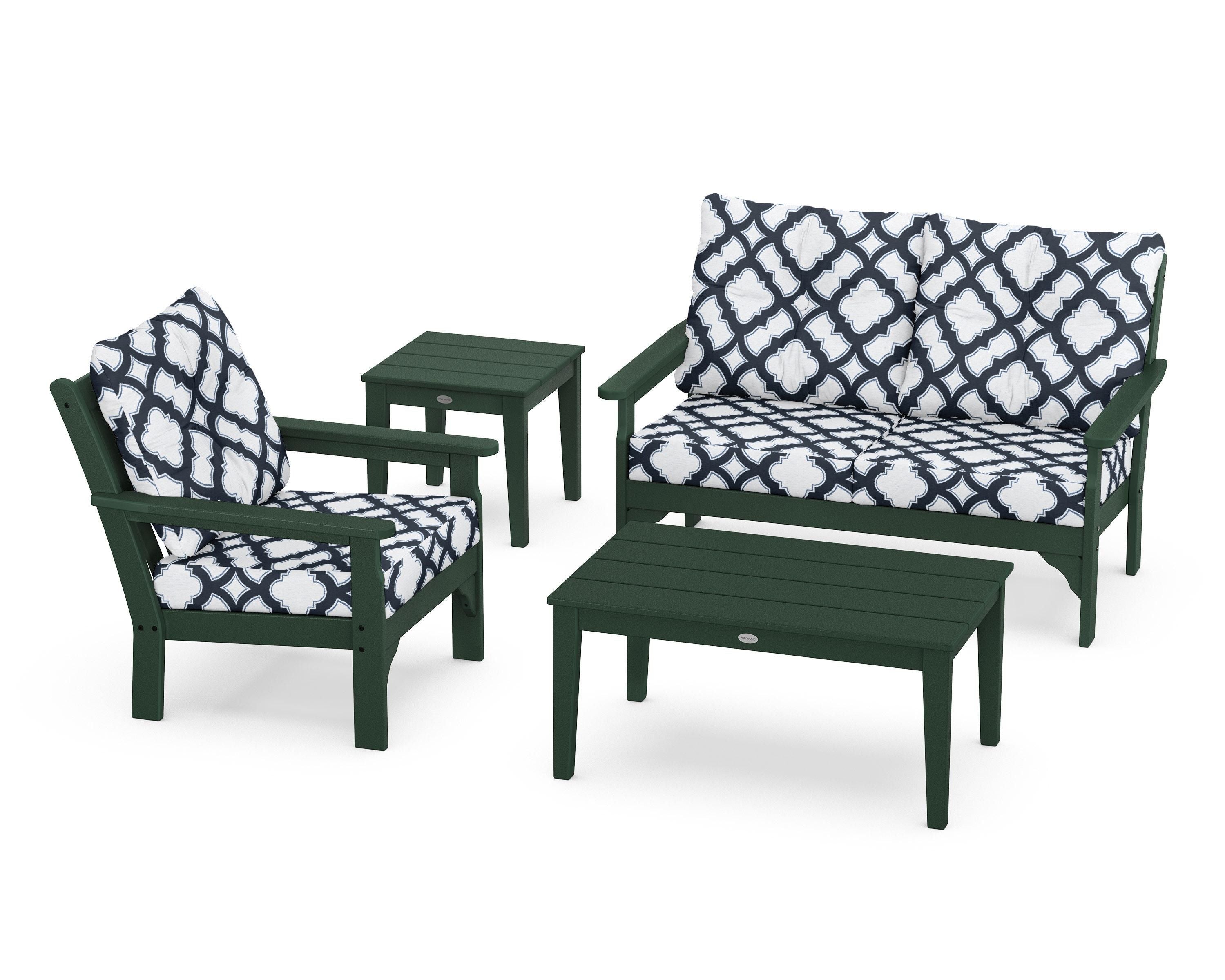 POLYWOOD® Vineyard 4-Piece Deep Seating Set in Green / Trellis Marine Indigo