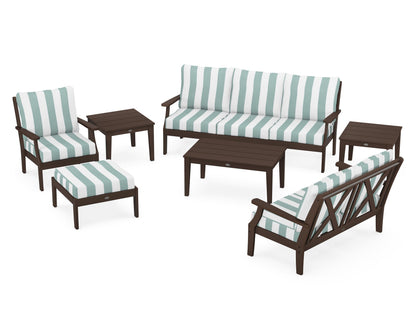 POLYWOOD® Braxton 7-Piece Deep Seating Set in Mahogany / Cabana Stripe Glacier Spa