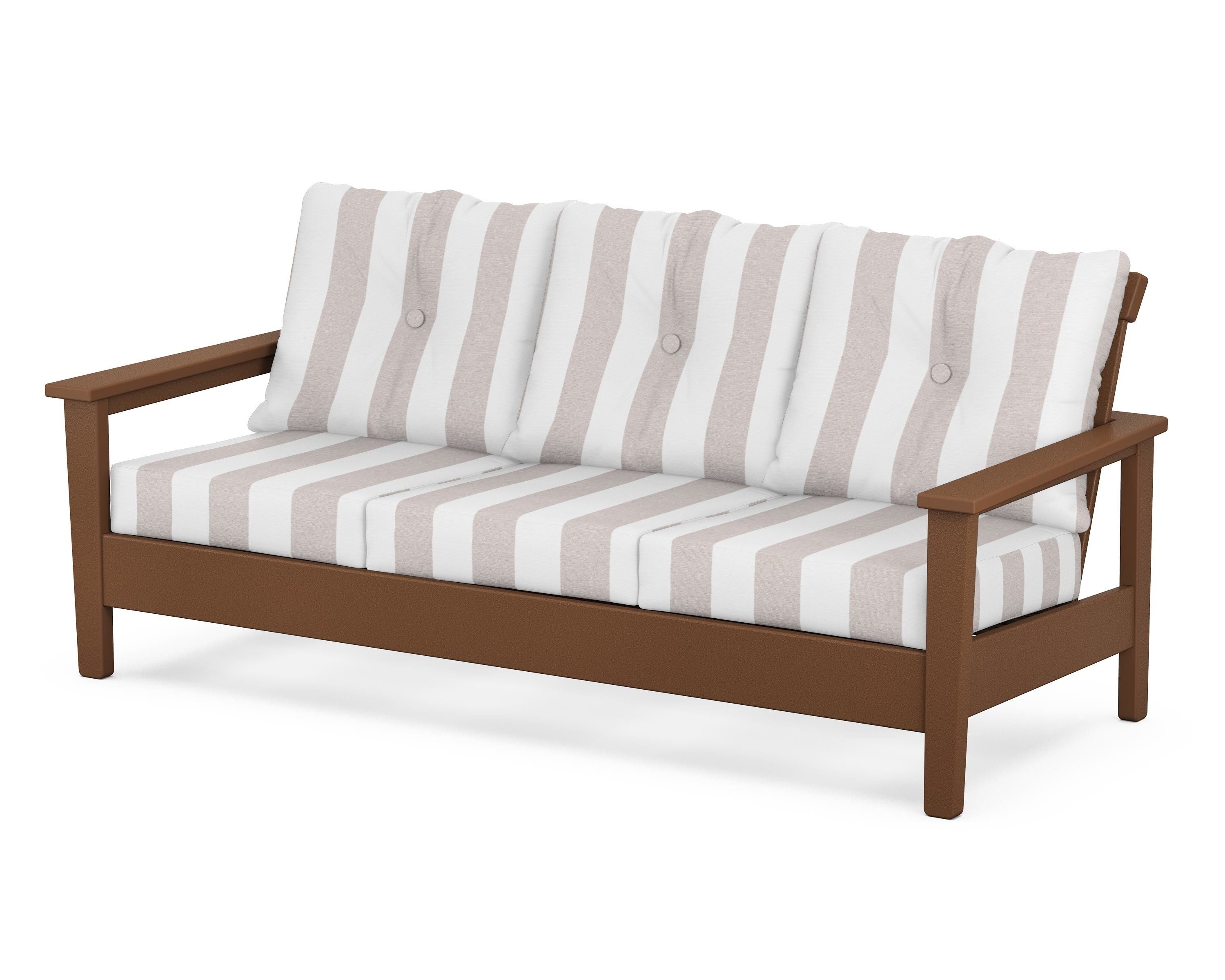 POLYWOOD® Prescott Deep Seating Sofa in Teak / Cabana Stripe Dune Burlap