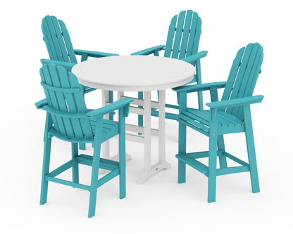 POLYWOOD® Vineyard Curveback Adirondack 5-Piece Nautical Trestle Bar Set in Aruba / White