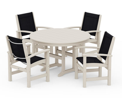POLYWOOD® Coastal 5-Piece Round Farmhouse Dining Set in Sand / Black Sling