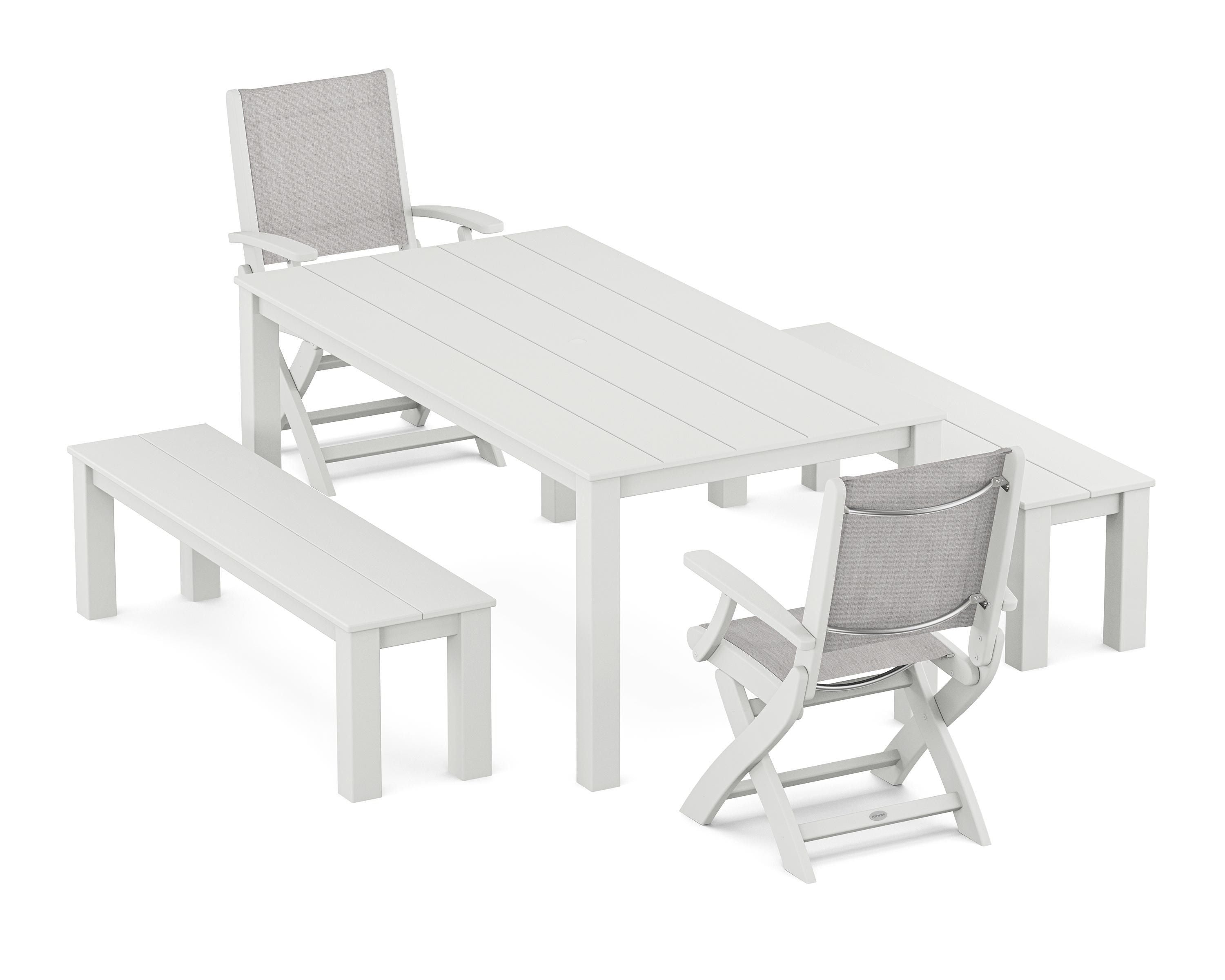 POLYWOOD® Coastal Folding Chair 5-Piece Parsons Dining Set with Benches in White / Parchment Sling
