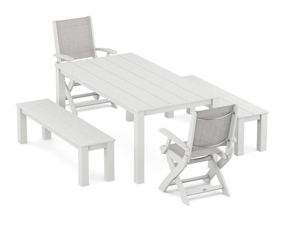 POLYWOOD® Coastal Folding Chair 5-Piece Parsons Dining Set with Benches in White / Parchment Sling