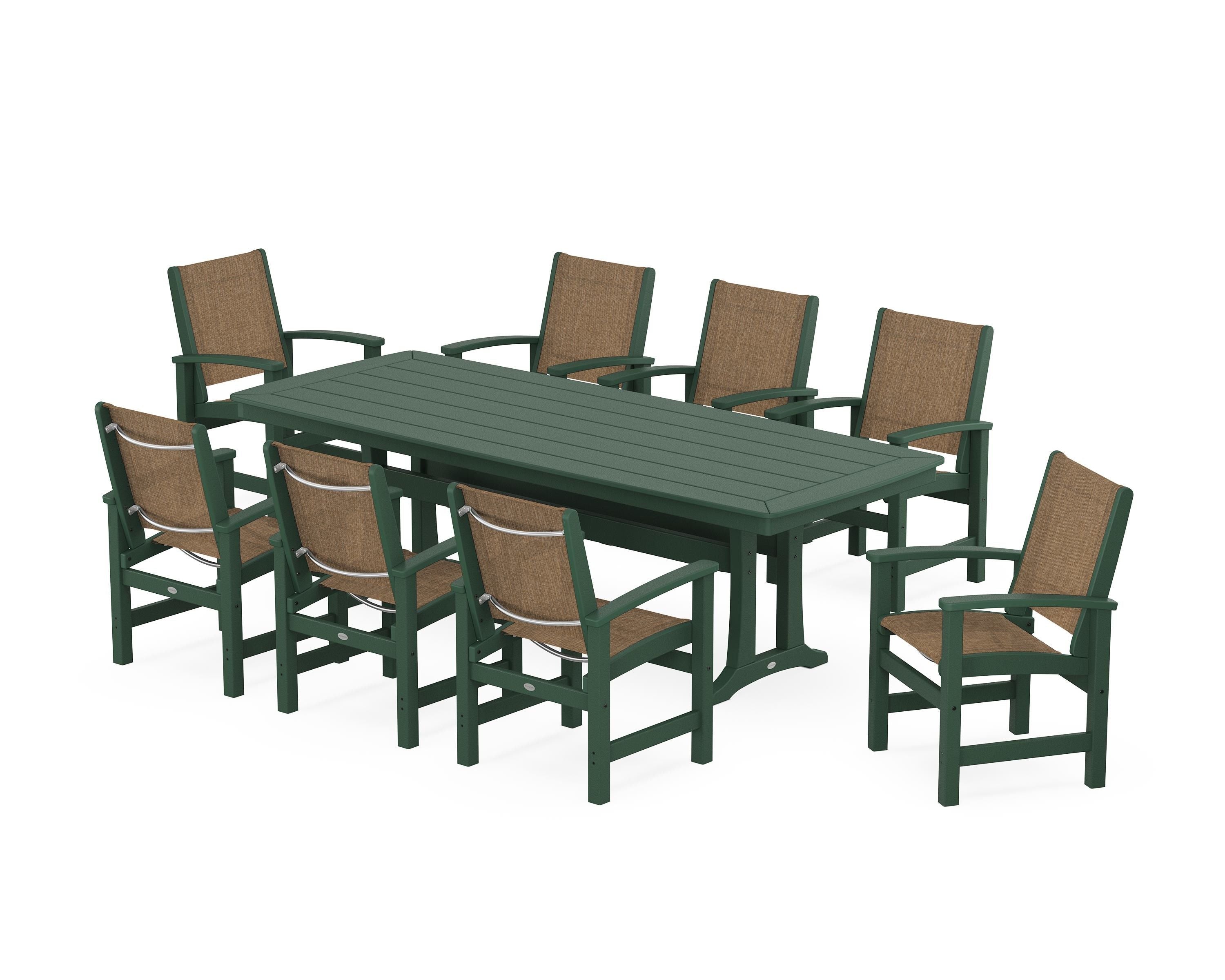 POLYWOOD® Coastal 9-Piece Dining Set with Trestle Legs in Green / Burlap Sling