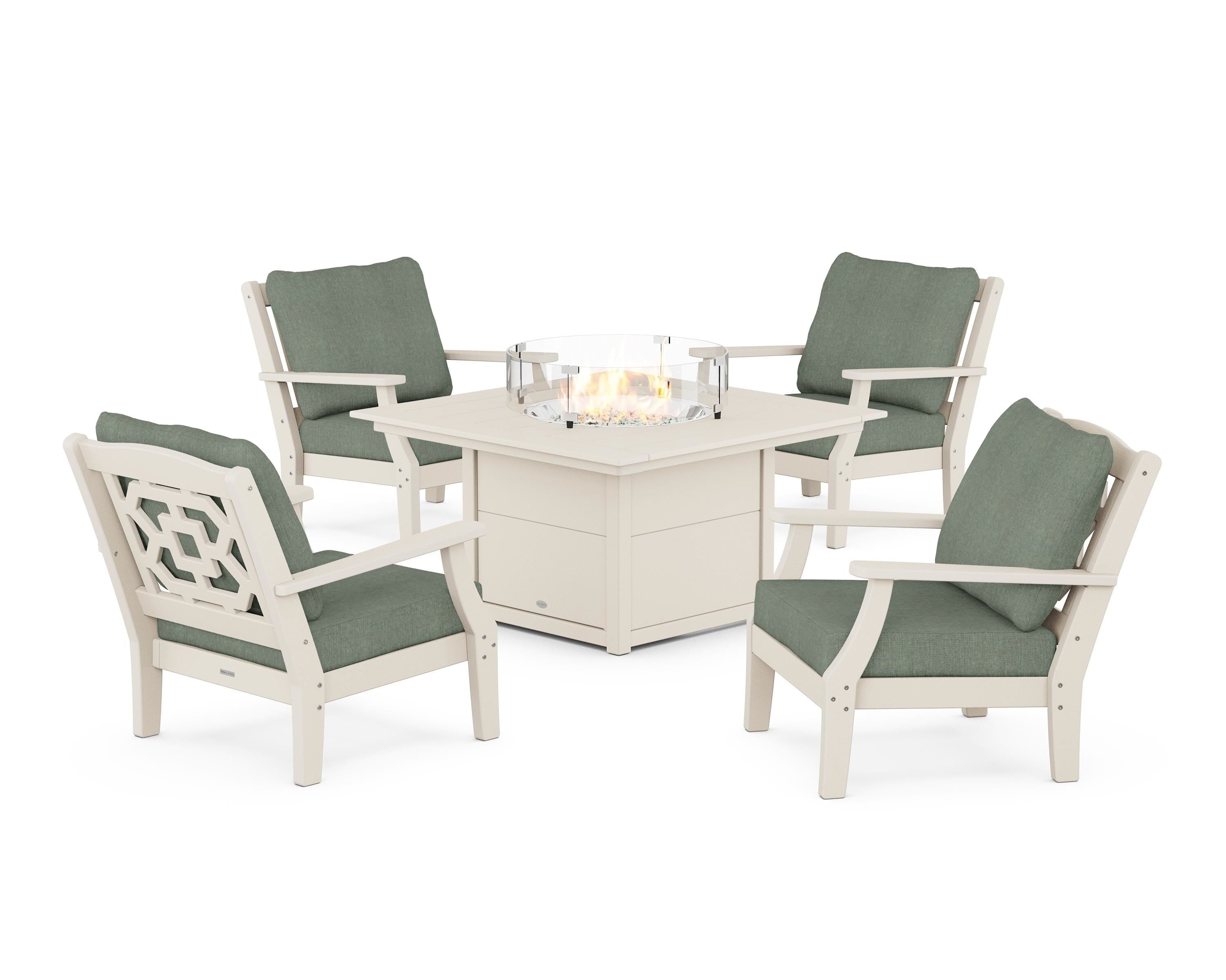 Martha Stewart by POLYWOOD® Chinoiserie 5-Piece Deep Seating Set with Fire Pit Table in Sand / Cast Sage