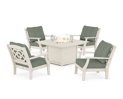 Martha Stewart by POLYWOOD® Chinoiserie 5-Piece Deep Seating Set with Fire Pit Table in Sand / Cast Sage