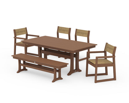 POLYWOOD® EDGE Sling 6-Piece Farmhouse Dining Set With Trestle Legs in Teak / Burlap Sling