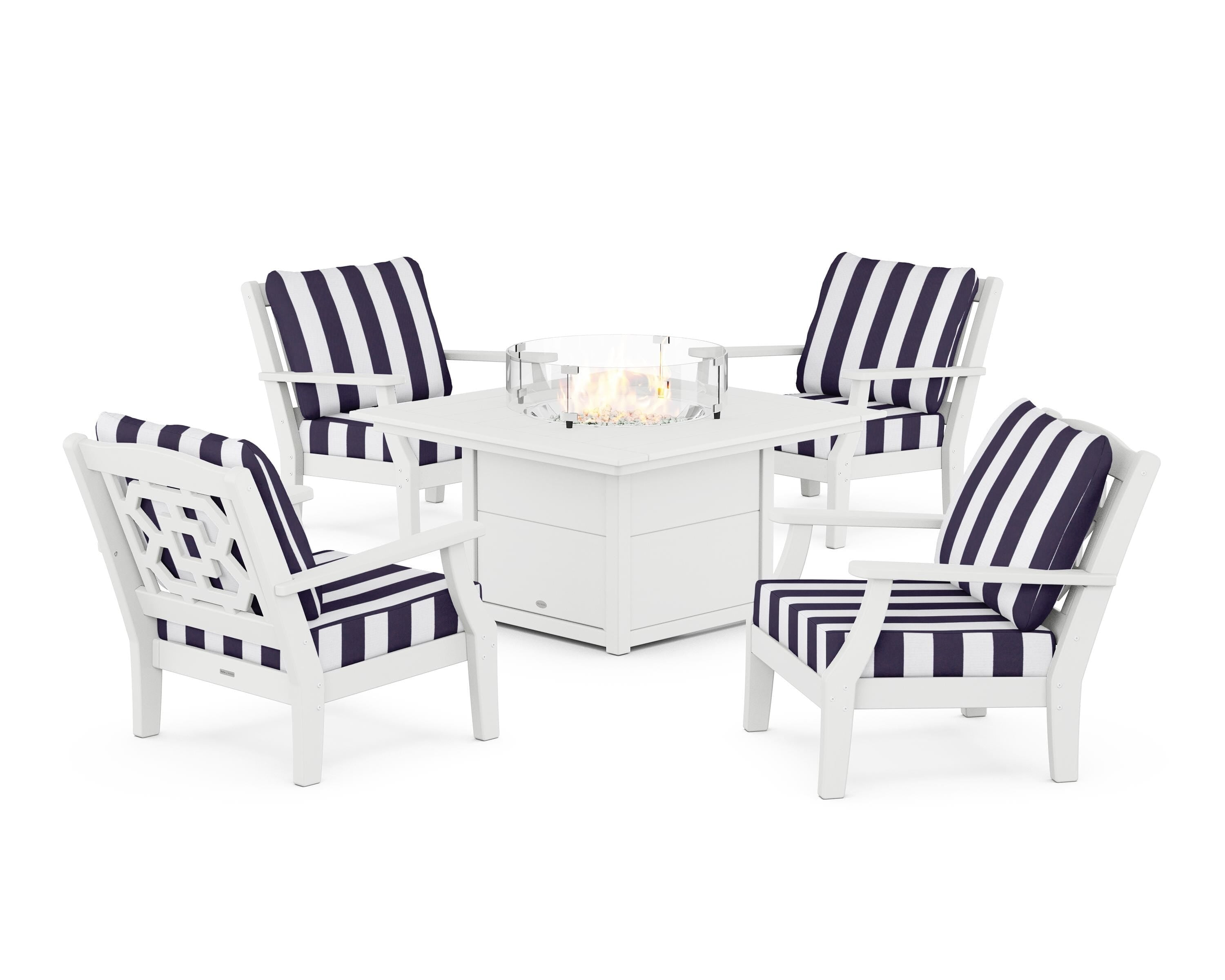 Martha Stewart by POLYWOOD® Chinoiserie 5-Piece Deep Seating Set with Fire Pit Table in White / Cabana Stripe Navy