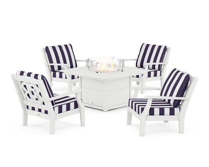Martha Stewart by POLYWOOD® Chinoiserie 5-Piece Deep Seating Set with Fire Pit Table in White / Cabana Stripe Navy