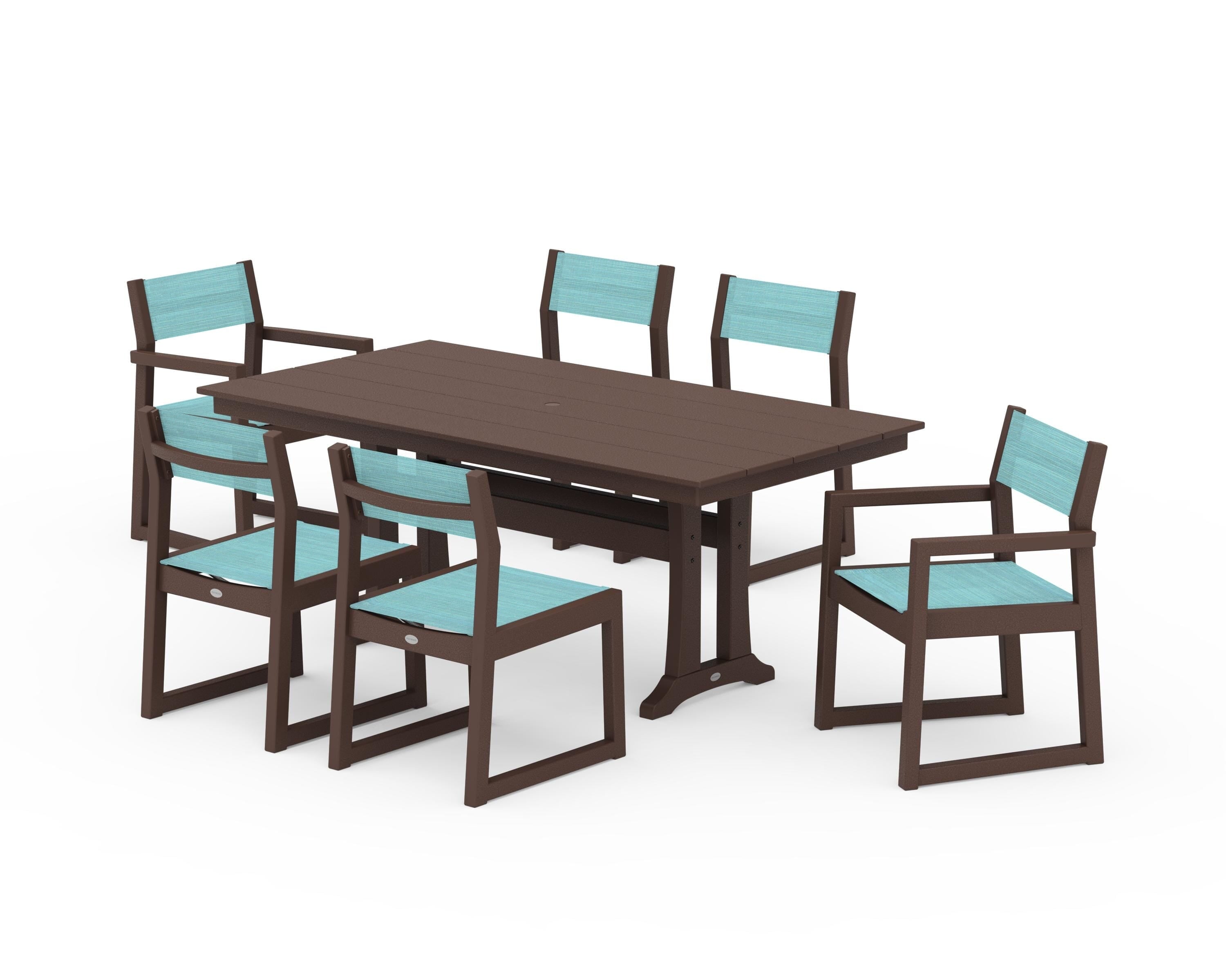 POLYWOOD® EDGE Sling 7-Piece Farmhouse Trestle Dining Set in Mahogany / Dupioni Aquamarine Sling