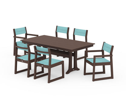 POLYWOOD® EDGE Sling 7-Piece Farmhouse Trestle Dining Set in Mahogany / Dupioni Aquamarine Sling