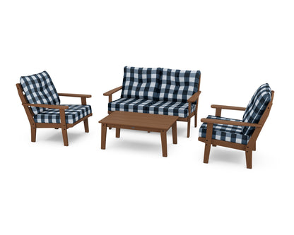 POLYWOOD® Lakeside 4-Piece Deep Seating Set in Teak / Buffalo Plaid Marine Indigo