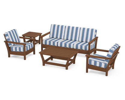 POLYWOOD® Harbour 5-Piece Deep Seating Set in Teak / Cabana Stripe Sky Blue
