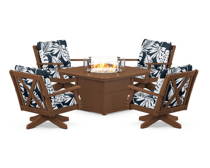 POLYWOOD® Braxton 5-Piece Deep Seating Swivel Conversation Set with Fire Pit Table in Teak / Leaf Marine Indigo
