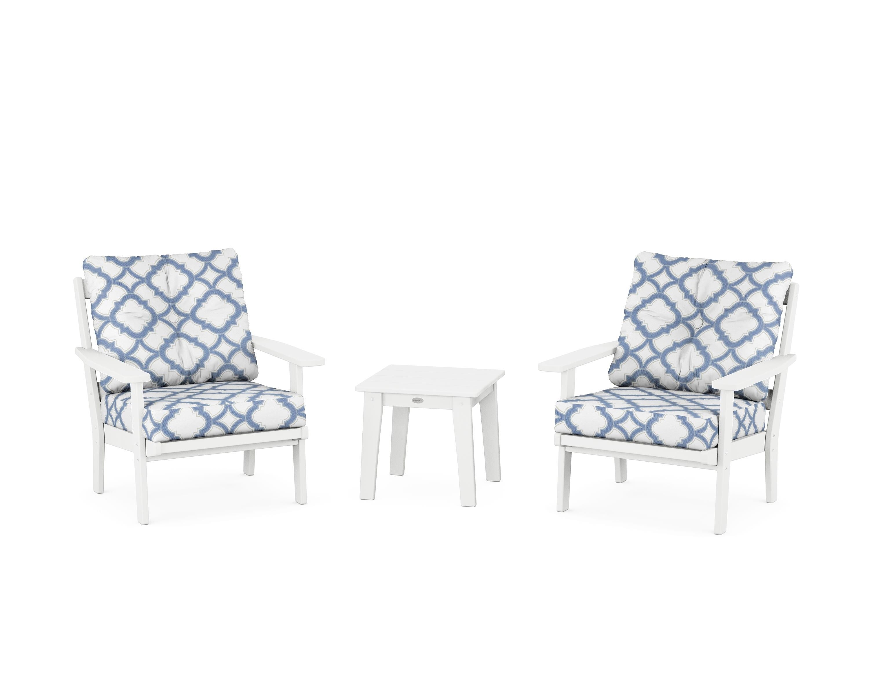 POLYWOOD® Prairie 3-Piece Deep Seating Set in White / Trellis Sky Blue