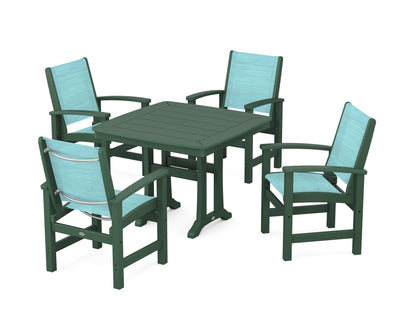 POLYWOOD® Coastal 5-Piece Dining Set with Trestle Legs in Green / Dupioni Aquamarine Sling