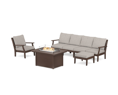 POLYWOOD® Braxton Sectional Lounge and Fire Pit Set in Mahogany / Weathered Tweed