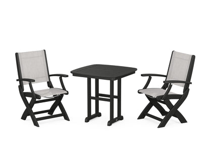 POLYWOOD® Coastal Folding Chair 3-Piece Dining Set in Black / Parchment Sling