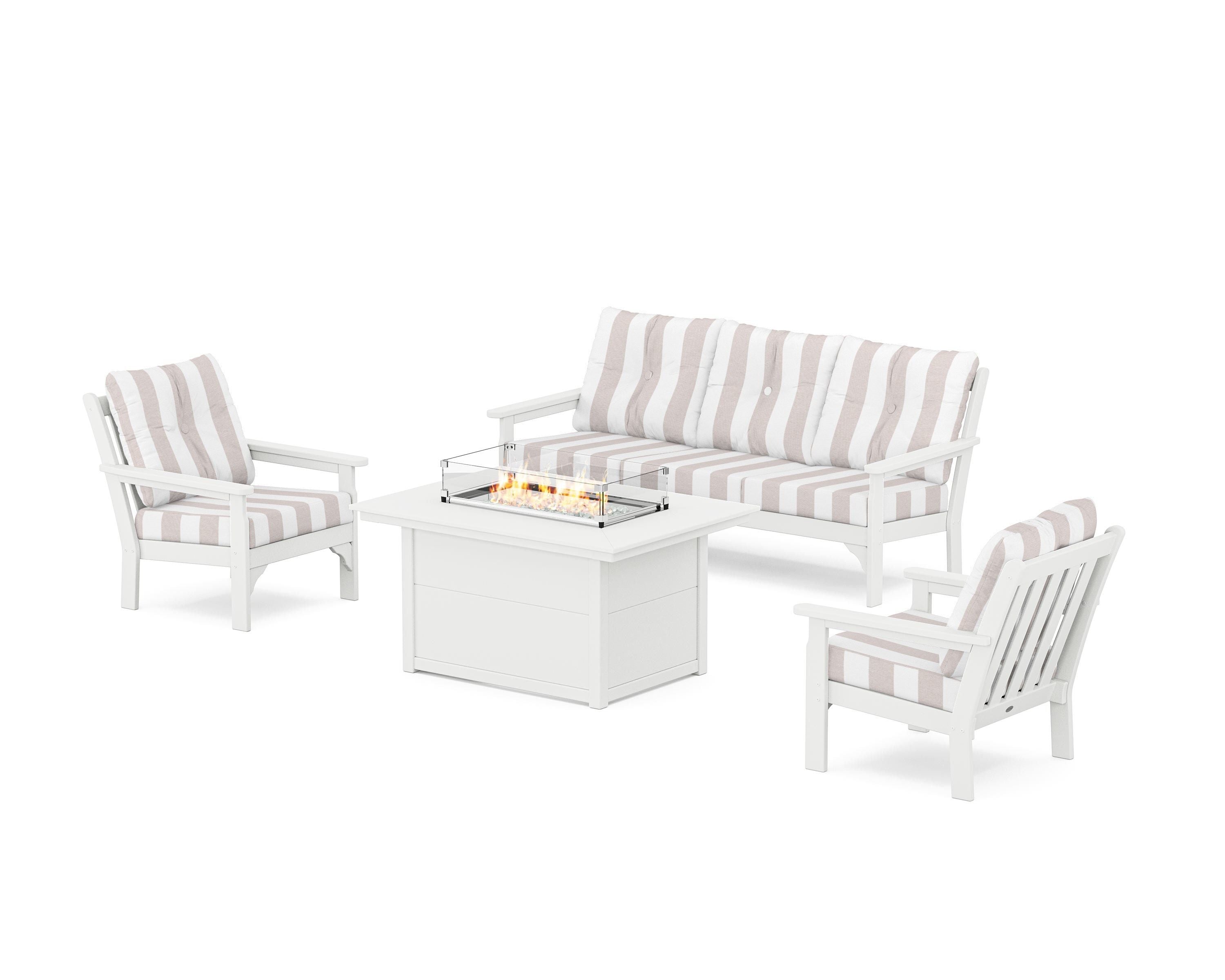 POLYWOOD® Vineyard Deep Seating Fire Pit Table Set in White / Cabana Stripe Dune Burlap