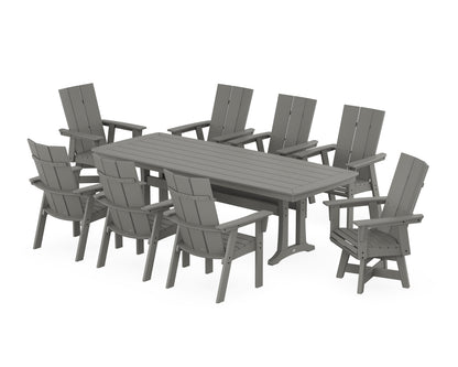 POLYWOOD® Modern Curveback Adirondack Swivel 9-Piece Dining Set with Trestle Legs in Slate Grey