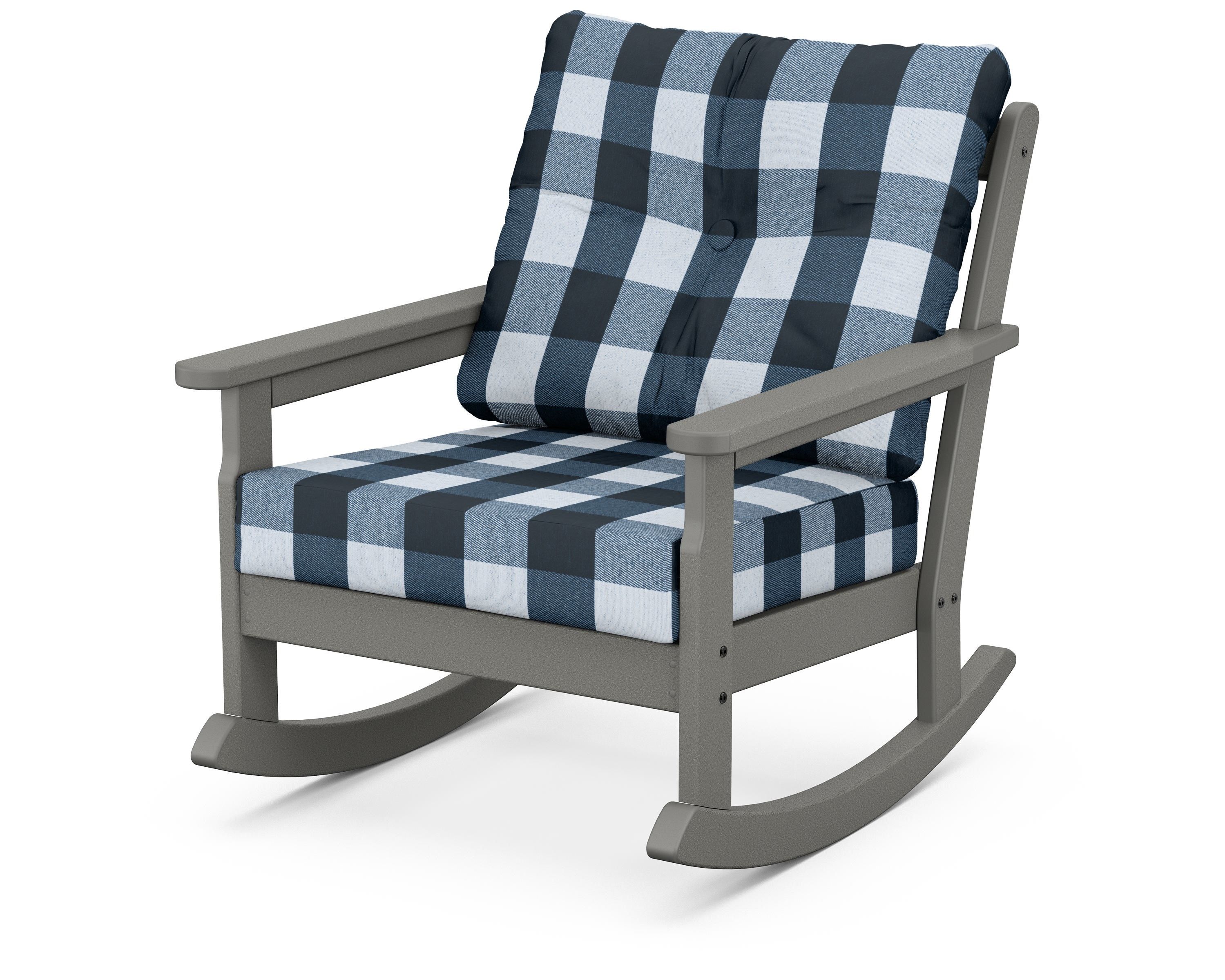 POLYWOOD® Vineyard Deep Seating Rocking Chair in Slate Grey / Buffalo Plaid Marine Indigo