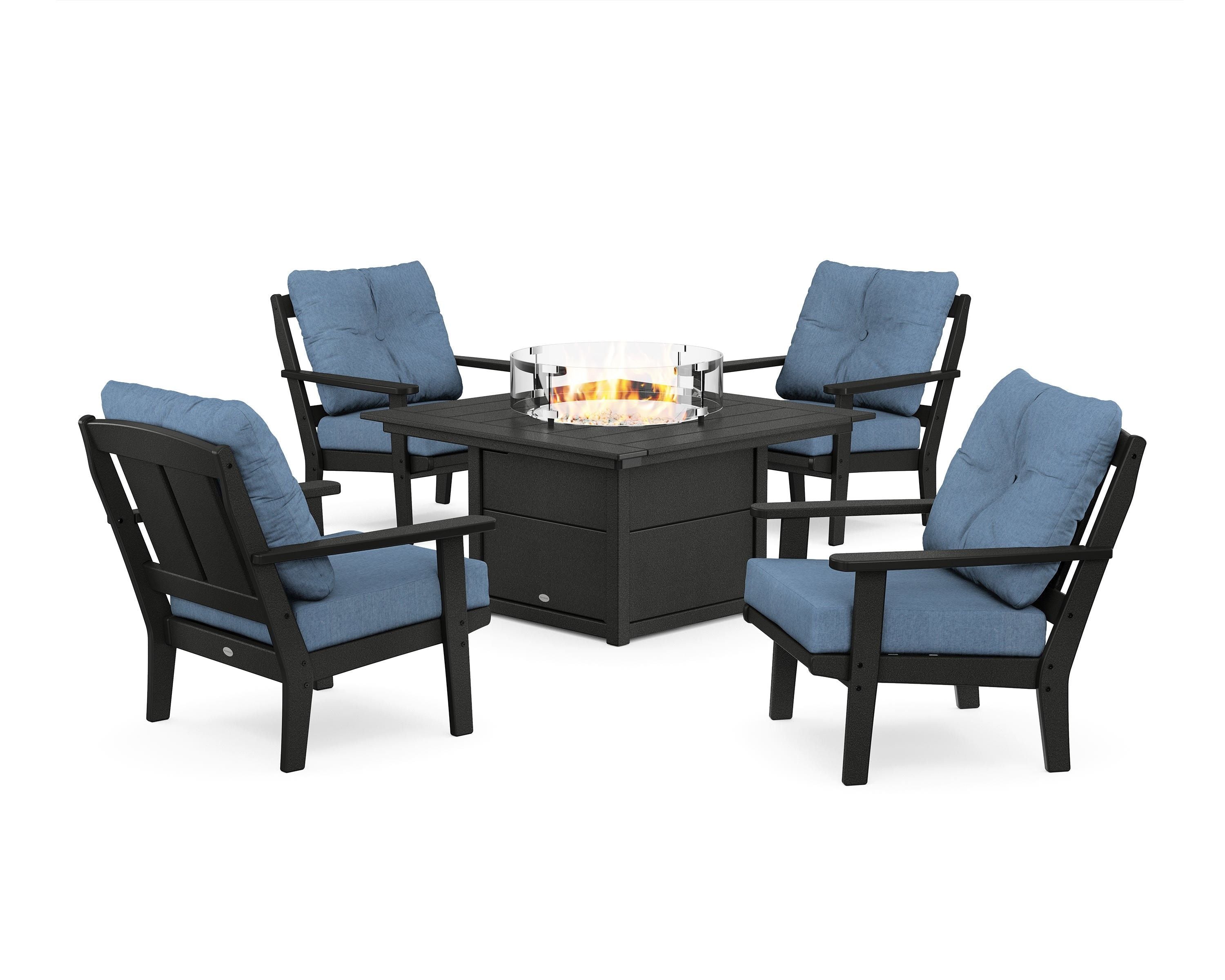 POLYWOOD® Mission 5-Piece Deep Seating Set with Fire Pit Table in Black / Sky Blue