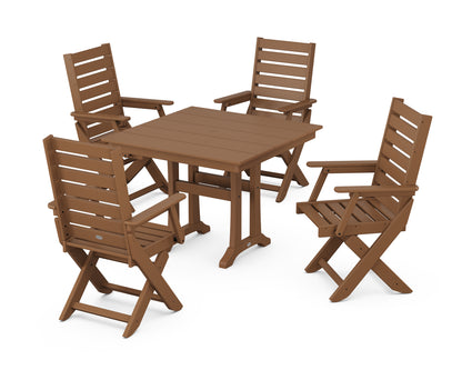 POLYWOOD® Captain Folding Chair 5-Piece Farmhouse Dining Set With Trestle Legs in Teak