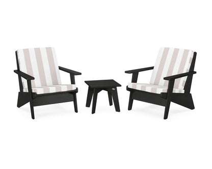 POLYWOOD® Riviera Modern Lounge 3-Piece Set in Black / Cabana Stripe Dune Burlap
