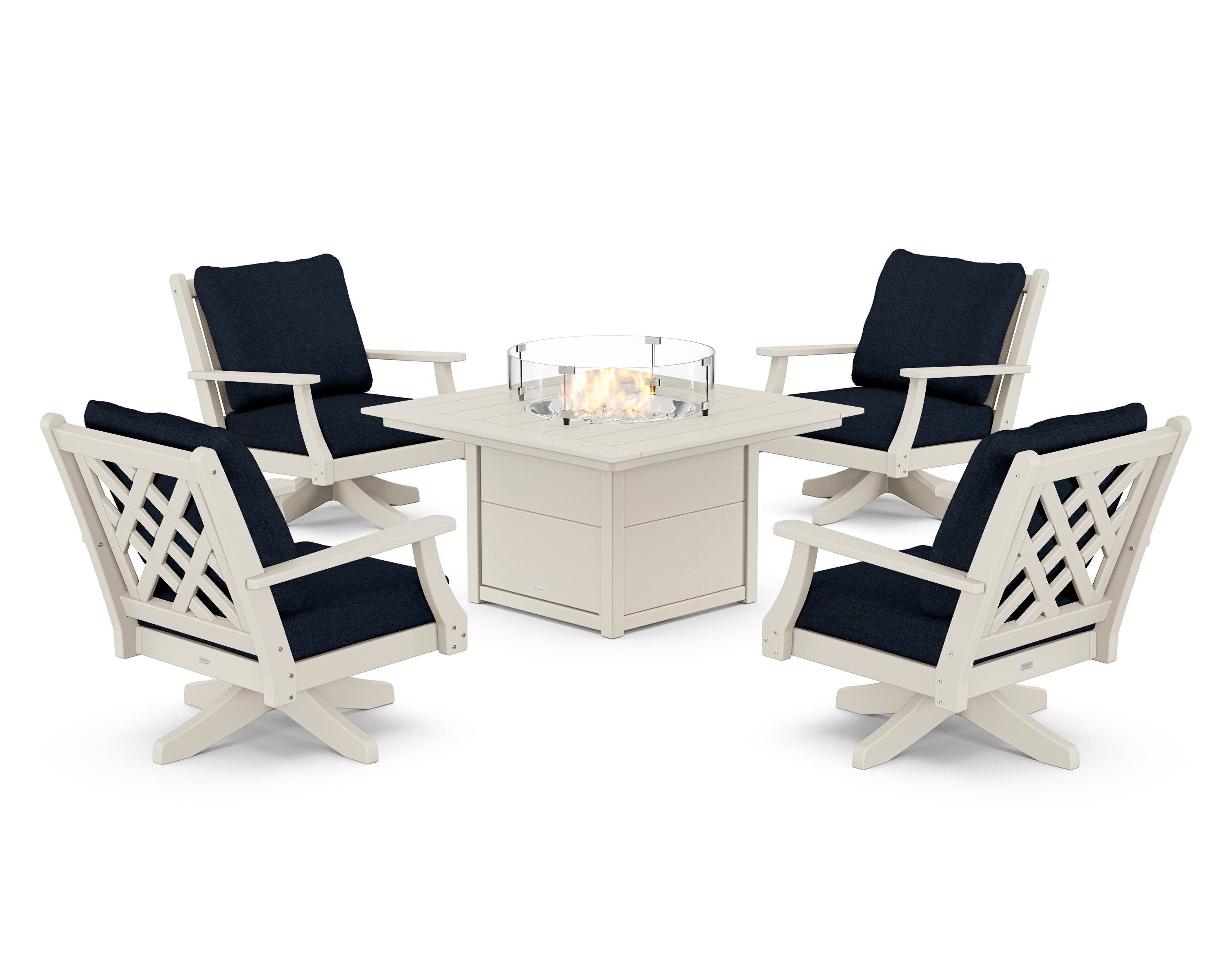 Country Living Wovendale 5-Piece Deep Seating Swivel Conversation Set with Fire Pit Table in Sand / Marine Indigo