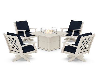 Country Living Wovendale 5-Piece Deep Seating Swivel Conversation Set with Fire Pit Table in Sand / Marine Indigo