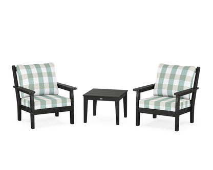 POLYWOOD® Chippendale 3-Piece Deep Seating Set in Black / Buffalo Plaid Glacier Spa