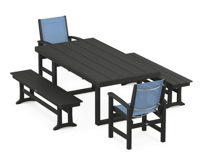POLYWOOD® Coastal 5-Piece Dining Set with Trestle Legs in Black / Poolside Sling