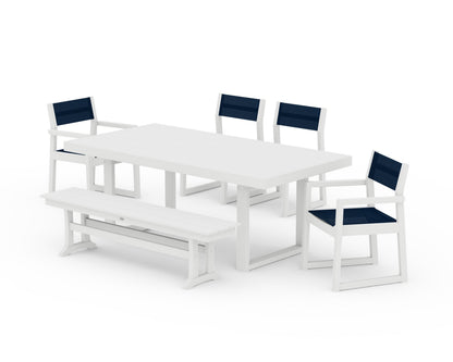 POLYWOOD® EDGE Sling 6-Piece Dining Set with Bench in White / Navy Blue Sling