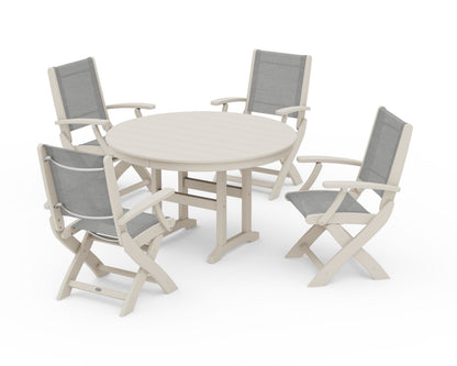 POLYWOOD® Coastal Folding Chair 5-Piece Round Dining Set in Sand / Metallic Sling