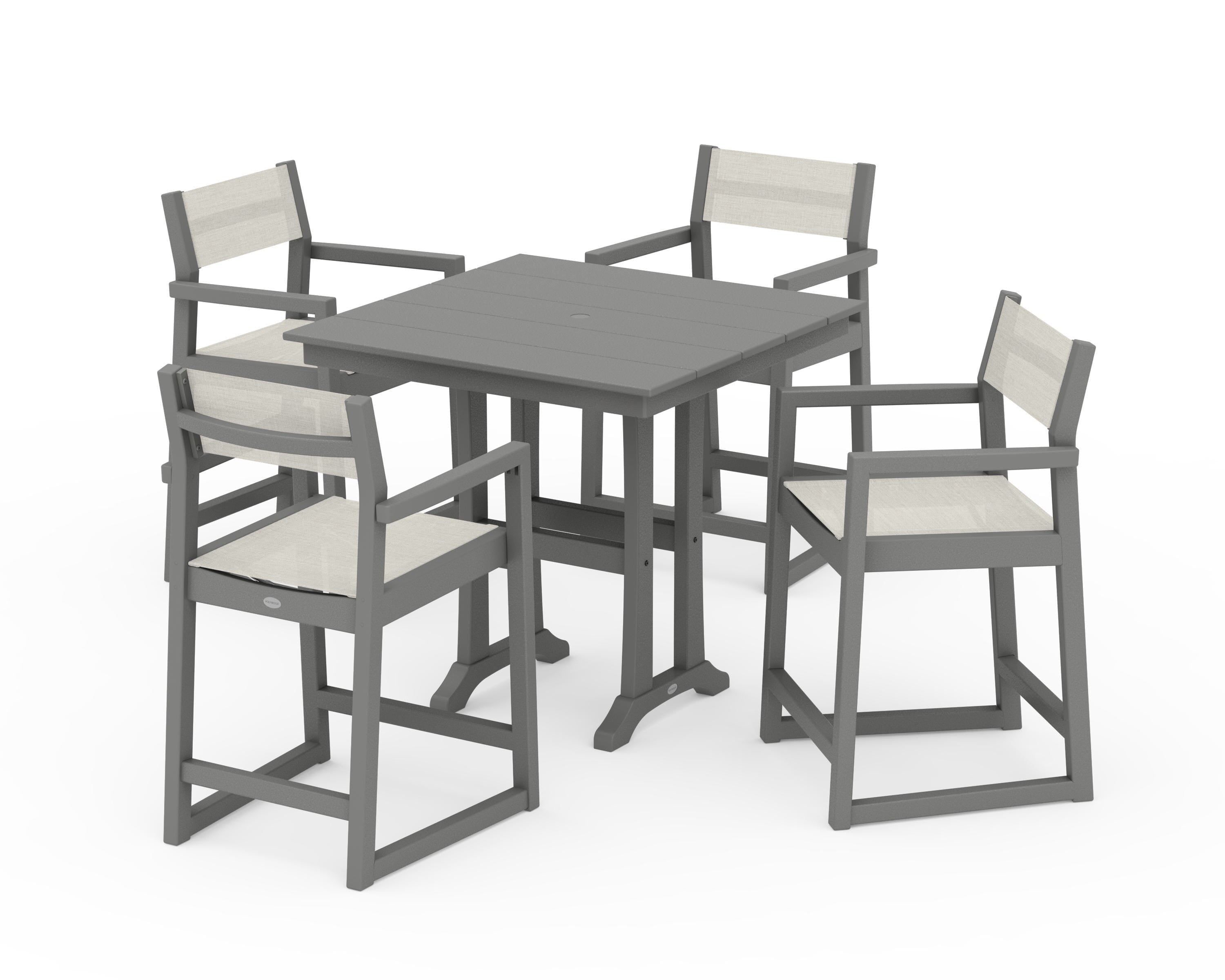 POLYWOOD® EDGE Sling Arm Chair 5-Piece Farmhouse Counter Set with Trestle Legs in Slate Grey / Parchment Sling